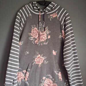Floral Gray Hoodie with Stripes